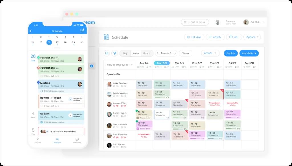 How workforce scheduling software manages employee shifts with drag-and-drop calendar views, open shift tracking, availability indicators, and weekly team workload balancing.