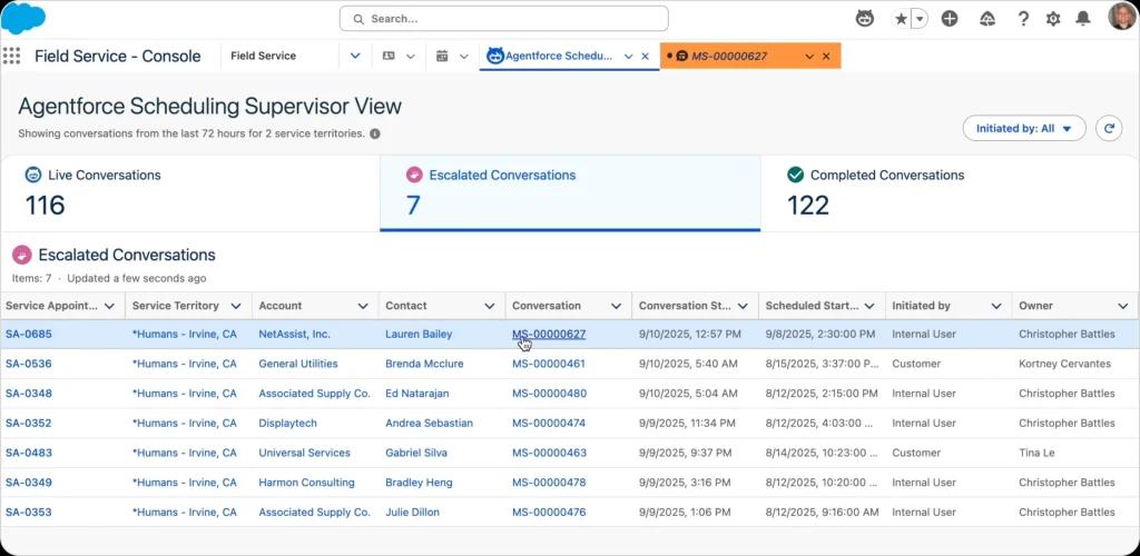How enterprise field service software monitors live conversations, escalations, completed service requests, territory management, and supervisor-level scheduling oversight.