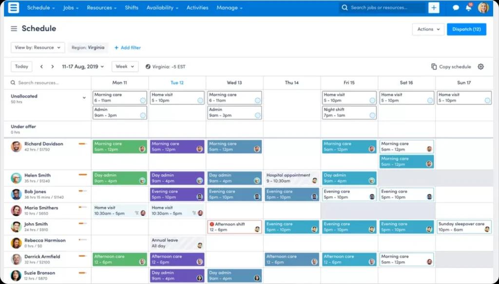 How workforce scheduling software allocates shifts across resources with availability tracking, unallocated hours, shift assignments, and weekly capacity planning.