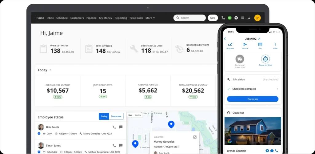 How field service management software tracks revenue, job completion metrics, technician status, invoicing, and mobile job updates in a centralized business dashboard.