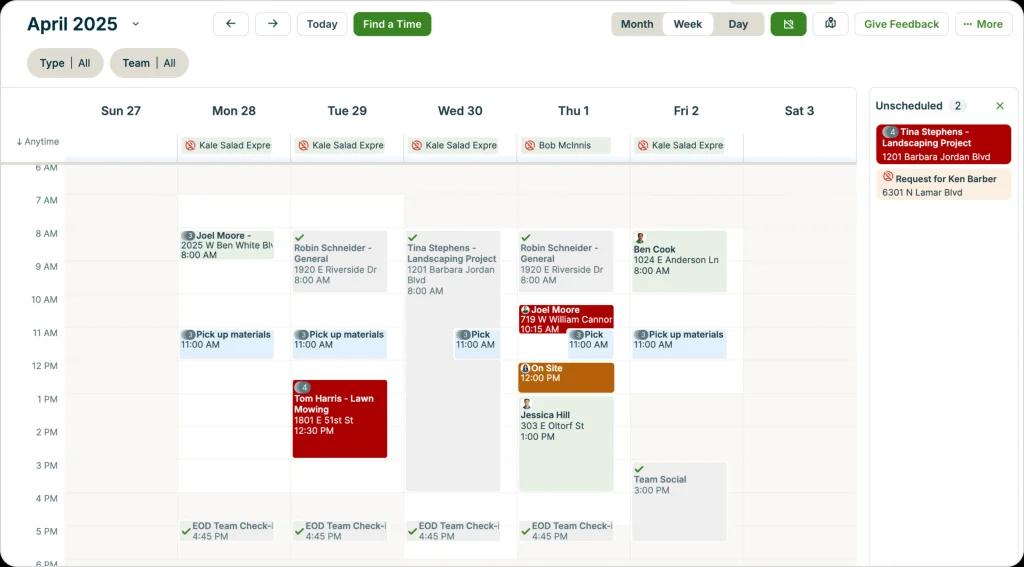 How job scheduling software organizes appointments with color-coded calendar views, unscheduled job tracking, team assignments, and drag-and-drop route planning.