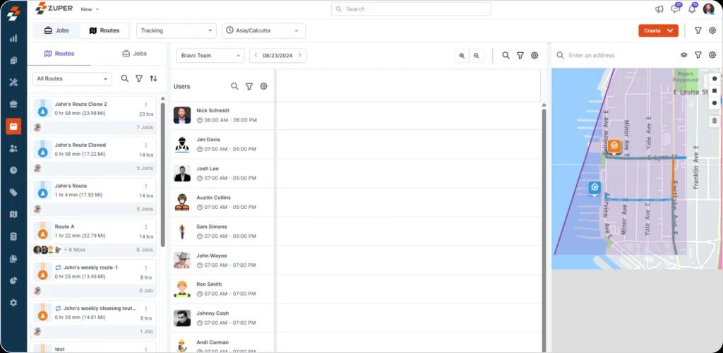 How field service route management software assigns technicians, optimizes job routes on interactive maps, tracks working hours, and manages multi-stop service operations.