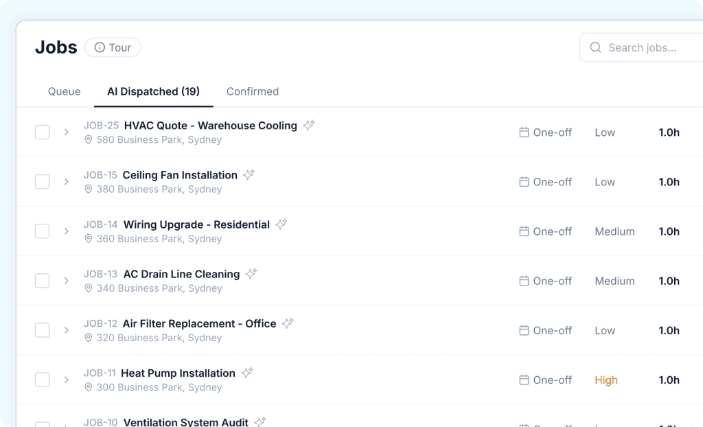 AI dispatch routing software dashboard showing job queue with automatically assigned HVAC jobs, priorities, locations, and estimated durations