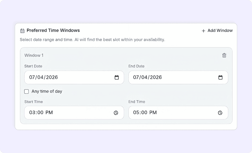 Dispatch routing software interface showing customer preferred time windows with date and time selection for optimized job scheduling